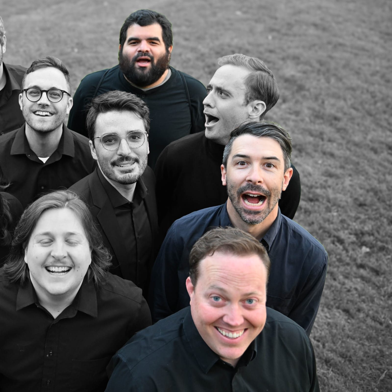 Ensemble members make playful faces outdoors
